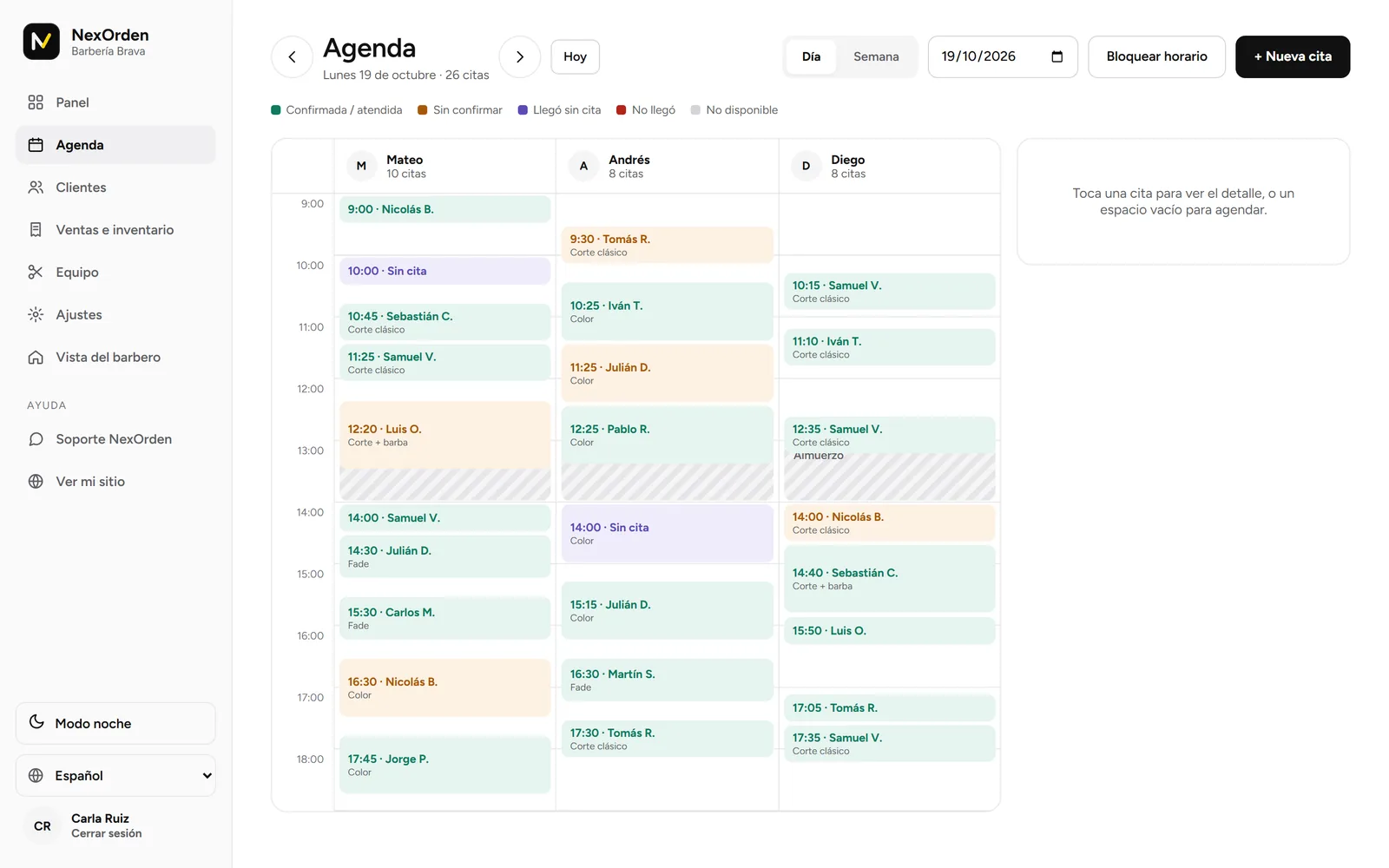 Agenda de NexOrden con una columna por barbero