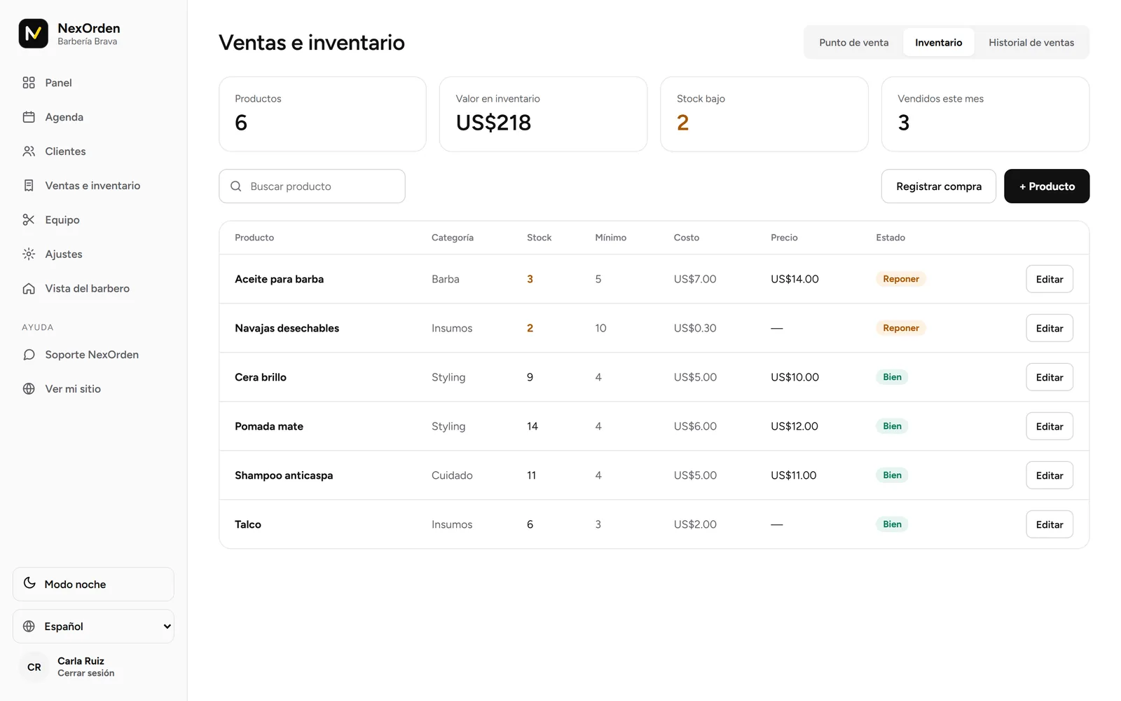 Inventario con aviso de productos por reponer