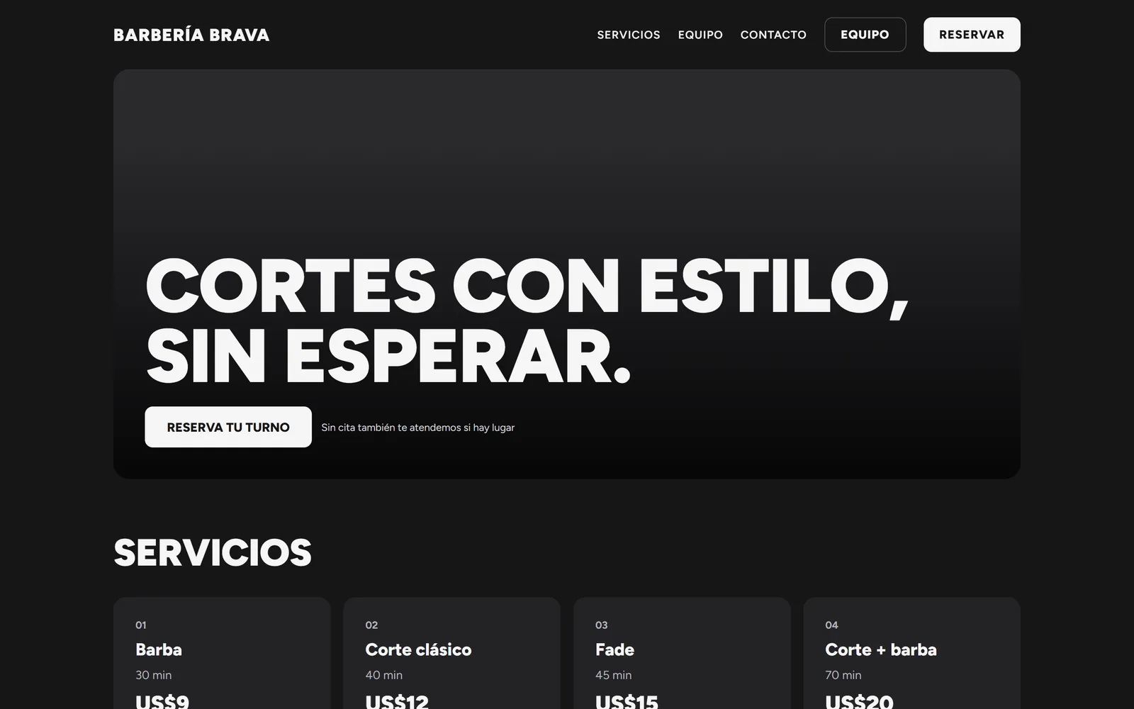Web pública de una barbería con botón para reservar